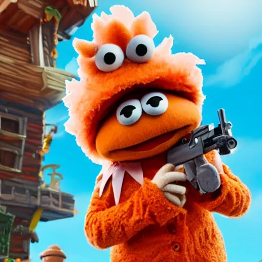 Image similar to bip bippadotta from the muppets as a wizard, fuzzy orange puppet, in fortnite, holding a gun