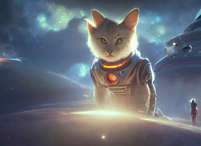 Image similar to a space cat staring role in a musical sci - fi space opera ghibli animated film, volumetric lighting, octane render by stanley artgerm lau, greg rutkowski, thomas kindkade, alphonse mucha, loish, norman rockwel,