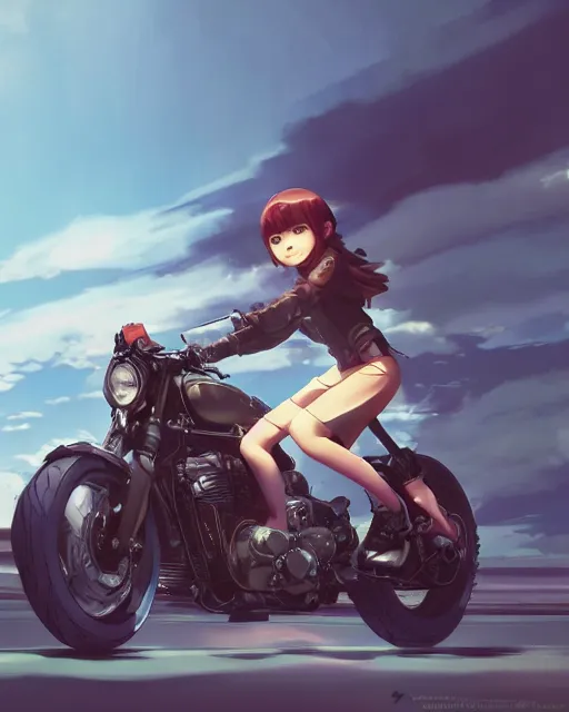 Image similar to a girl joyriding a on a motorcycle, full shot, atmospheric lighting, detailed face, by makoto shinkai, stanley artgerm lau, wlop, rossdraws