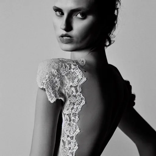 Image similar to sheer dress with plunging neckline and lace sleeves. award-winning fashion photography. intimate and vulnerable lighting. JUST THE DRESS. THERE IS NO HUMAN IN THIS IMAGE. PHOTOGRAPHY OF THE CLOTHES ONLY 130mm bw fashion photography.