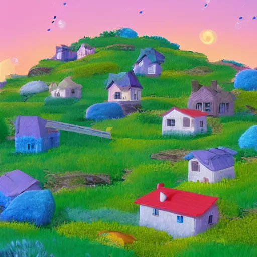 Image similar to beautiful 3 d painting of a colourful house on a hilltop at midnight with small fireflies flying around, in the style of studio ghibli, artstation, unreal engine