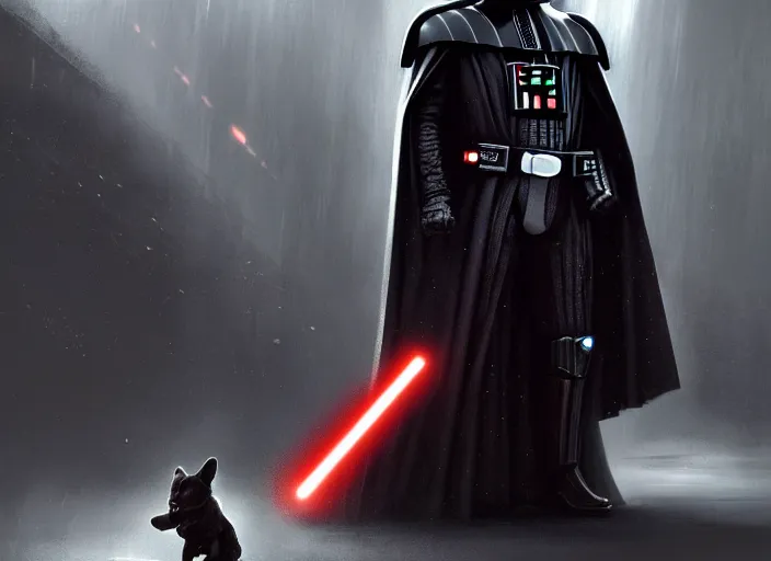 Image similar to a Photorealistic dramatic hyperrealistic render of darth vader facing off against a cute corgi, futuristic star wars vibe, by WLOP and Artgerm and Greg Rutkowski and Alphonse Mucha, Beautiful dynamic dramatic dark moody lighting, shadows, cinematic atmosphere, Artstation, concept design art, Octane render, 8K, masterpiece, sharp focus