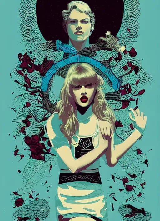 Prompt: Twin Peaks poster artwork by Michael Whelan and Tomer Hanuka, Karol Bak of portrait of Taylor Swift the local cheerleader, from scene from Twin Peaks, clean, simple illustration, nostalgic, domestic