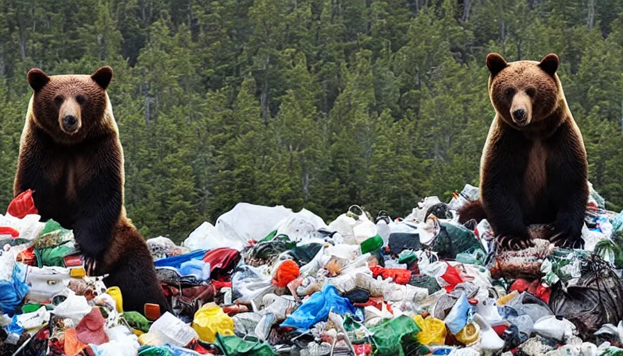 Prompt: a bear on top of a mountain of trash