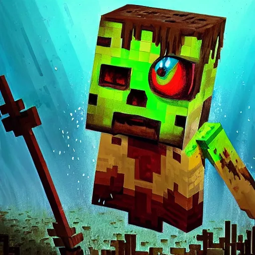 Image similar to painting by greg rutkowski of a minecraft drowned zombie with glowing cyan eyes, wearing ragged clothing and and algae growing on it, holding a trident, underwater