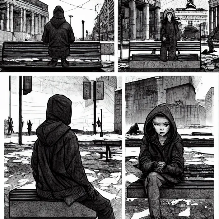 Image similar to storyboard : sadie sink in hoodie sat down on bench in ruined square, pedestrians walk by, soviet monument and propaganda posters. scifi cyberpunk. by gabriel hardman. cinematic atmosphere, detailed and intricate, perfect anatomy