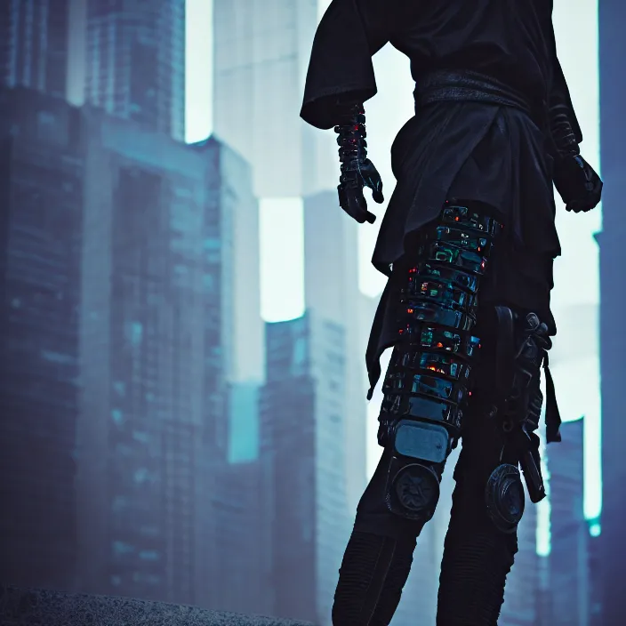 Image similar to full body photograph of a cyberpunk ninja, extremely detailed. dslr. 8 5 mm.