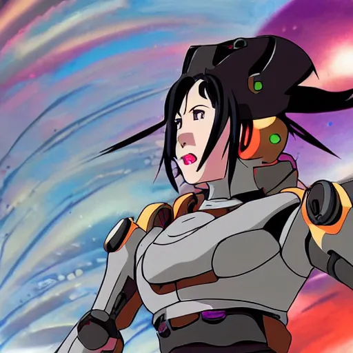 Prompt: A woman who fights in a mech, Japanese animation style.