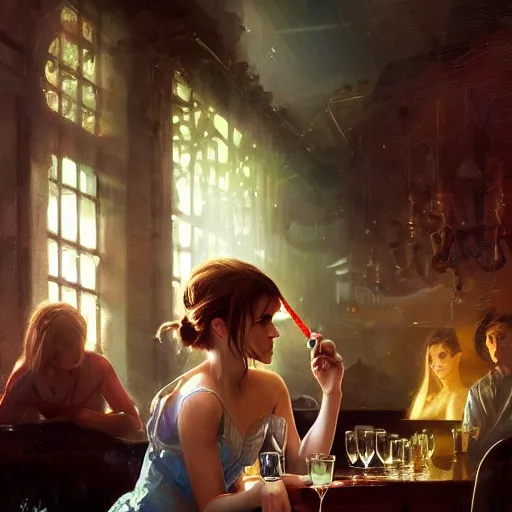 Prompt: highly detailed painting of emma watson drunk in a club, stephen bliss, 8 k, by greg rutkowski, loish, rhads, artgerm, ferdinand knab, makoto shinkai and lois van baarle, ilya kuvshinov, rossdraws, global illumination, radiant light, detailed and intricate environment