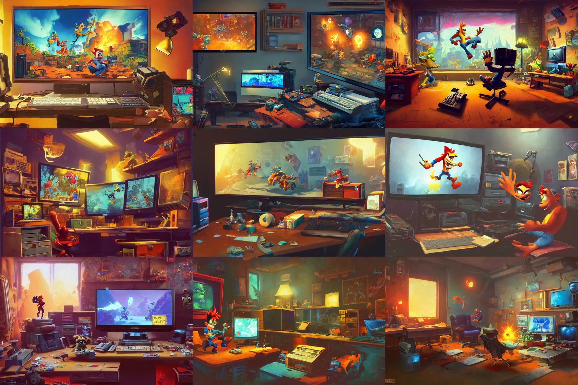 Prompt: A mixed media painting of a home office and gaming setup from the 90\'s, crash bandicoot is on the crt screen, by Frank Frazetta, Greg Rutkowski, Beeple, post-processing, low angle, masterpiece, cinematic, isometric