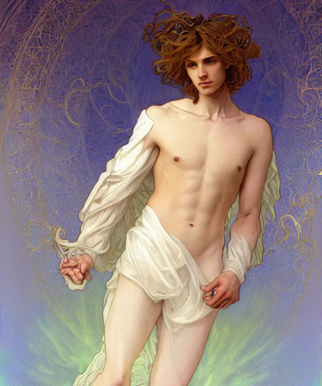 Image similar to fullbody symmetrical portrait of a beautiful young fit male angel with curly blond hairs, full dressed in long fluent clothes, majestic big dove wings, luminous halo, by greg rutkowski and alphonse mucha, gradient white to gold, in front of an iridescent background, highly detailed portrait, digital painting, artstation, concept art, smooth, sharp focus illustration