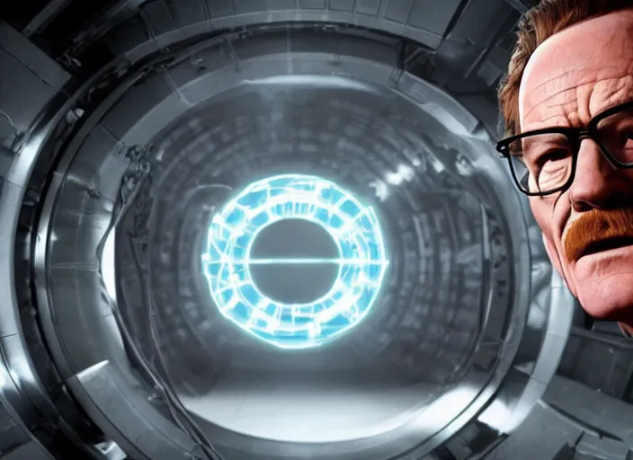 Prompt: film still of Brian Cranston as Gordan Freeman in an underground lab facility wearing a black HEV suit with an orange lambda logo in front with a glowing blue portal in the background in the Half Life Movie, 4k