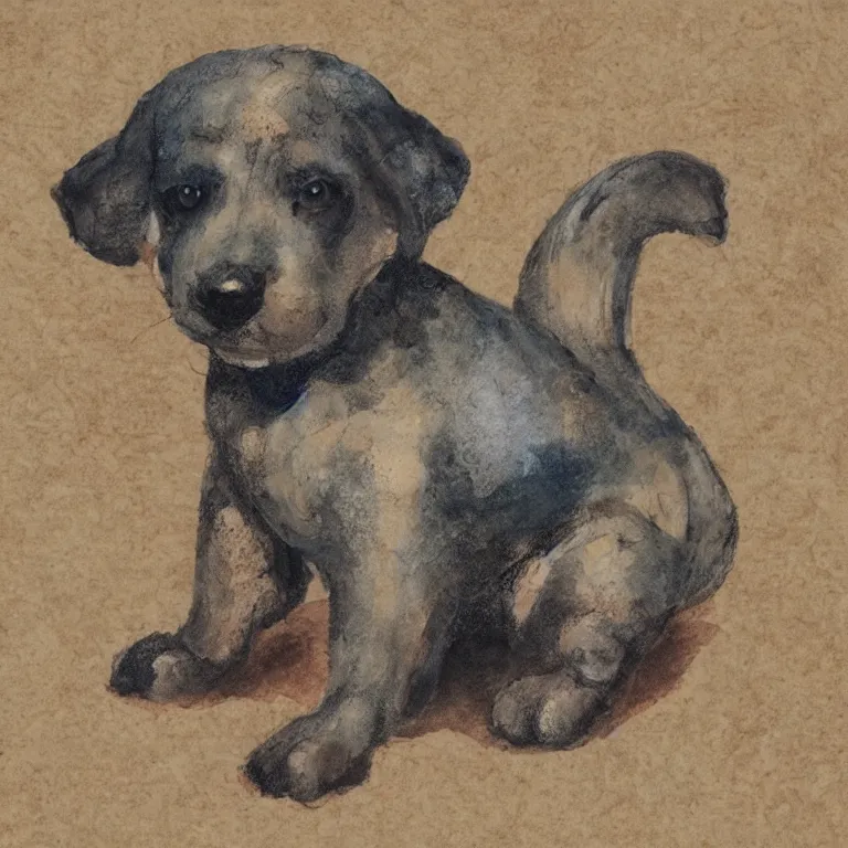 Image similar to a cute retro puppy. alcohol ink on parchment, muted colors, detailed, textured parchment background, 1 9 5 0 s concept art