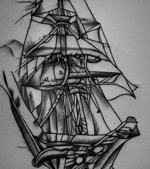 Prompt: a pirate ship, realism tattoo design, highly detailed tattoo, shaded tattoo, hyper realistic tattoo