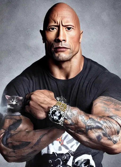 Image similar to a portrait of dwayne johnson wearing cat ears doing the thug life meme