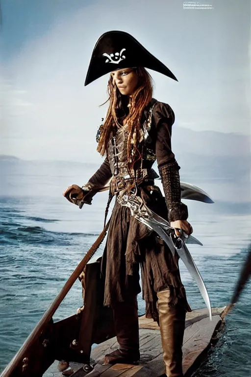 Image similar to a swashbuckling woman pirate portrait in national geographic, her clothing is sheer and futuristic, her skin color is iridescent