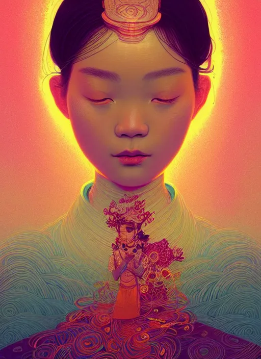 Prompt: prompt! dream symmetry!! stunning portrait of beautiful vietnamese girl wearing tradition cloth!! by victo ngai, kilian eng vibrant colours, dynamic lighting, digital art, winning award masterpiece, fantastically beautiful, illustration, aesthetically inspired by beksinski and dan mumford, trending on artstation, art by greg rutkowski, 8 k