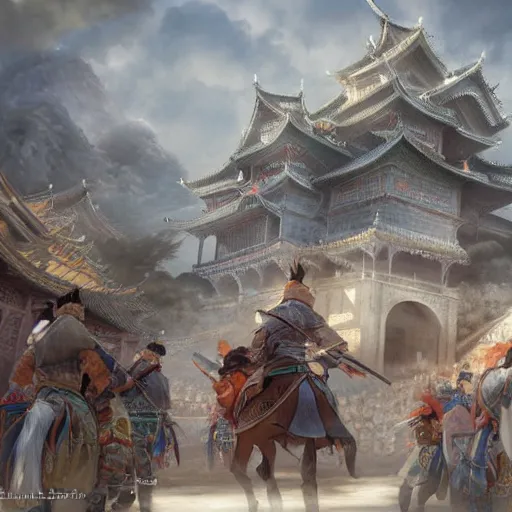 Image similar to dynamic composition, motion, ultra-detailed, incredibly detailed, a lot of details, amazing fine details and brush strokes, colorful and grayish palette, smooth, HD semirealistic anime CG concept art digital painting, watercolor oil painting of epic castle gate, from Three Kingdoms, by a Chinese artist at ArtStation, by Huang Guangjian, Fenghua Zhong, Ruan Jia, Xin Jin and Wei Chang. Realistic artwork of a Chinese videogame, gradients, gentle an harmonic grayish colors.