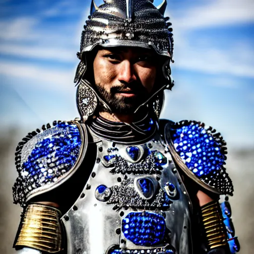 Prompt: photo of a real-life beautiful warrior with sapphire encrusted armour