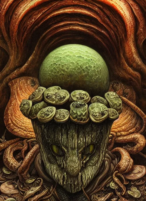 Prompt: mushroom trip mf doom reptile eyes, mushroom skin. intricate, elegant, highly detailed, centered, digital painting, artstation, concept art, smooth, sharp focus, illustration, artgerm, tomasz alen kopera, peter mohrbacher, donato giancola, joseph christian leyendecker, wlop, frank frazetta