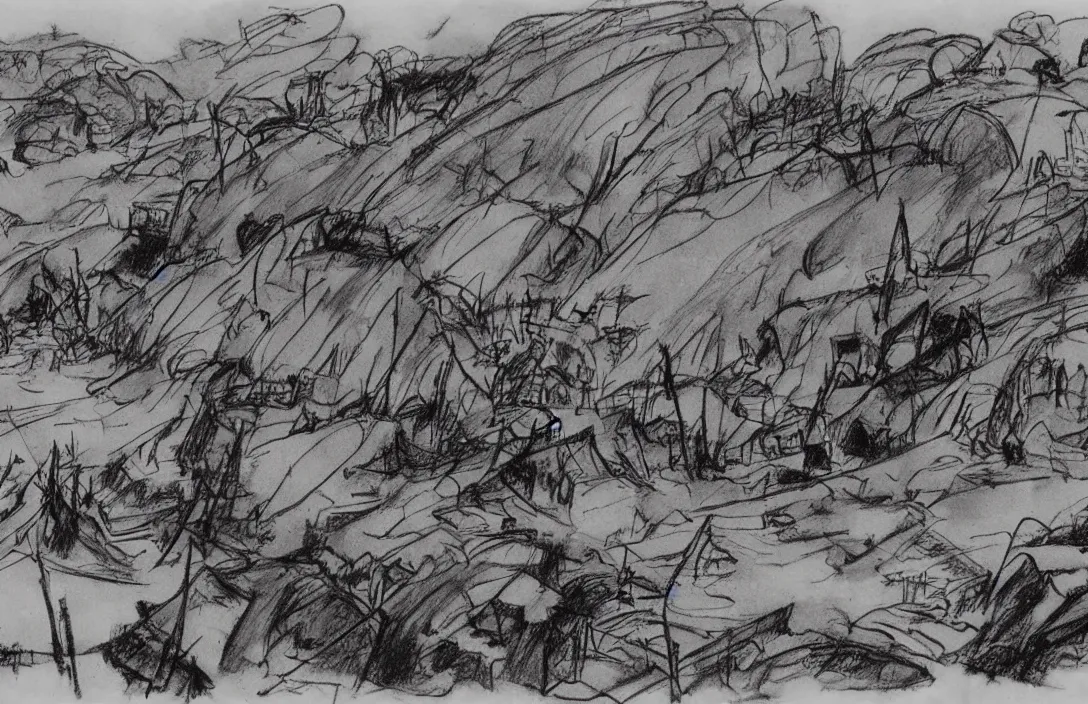 Image similar to milt kahl sketch of world war 1 trenches with the city of miami in the background