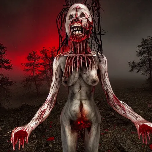 Image similar to A realistic detailed photo of a creepy witch, blood, exploded belly, red eyes, destroyed body, dead skin, dead trees, detailed body, teeth filled with cavities, foggy landscape, creepy, light particles, detailed light, realistic shaders, trending on artisation, detailed textures, detailed, realistic.