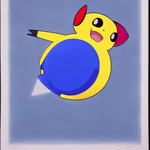 Prompt: A cute pokemon that resembles a blue bill wearing a puffy red coat by James Rosenquist