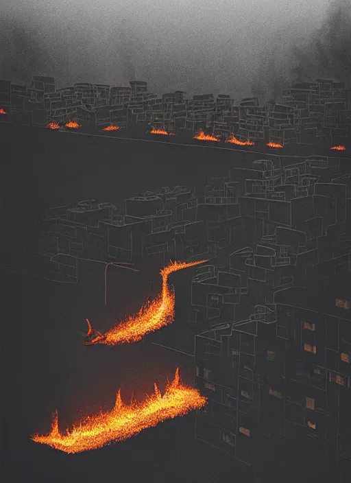 Image similar to city overgrowth on fire + a lone man + school of fish flying in the sky + (((habitat 67))), Mads Berg, Karolis Strautniekas, film noir, finely stippled light, dramatic lighting,editorial illustration, detailed,fine texture, matte print, dark blue + dark orange, red, black, extreme perspective