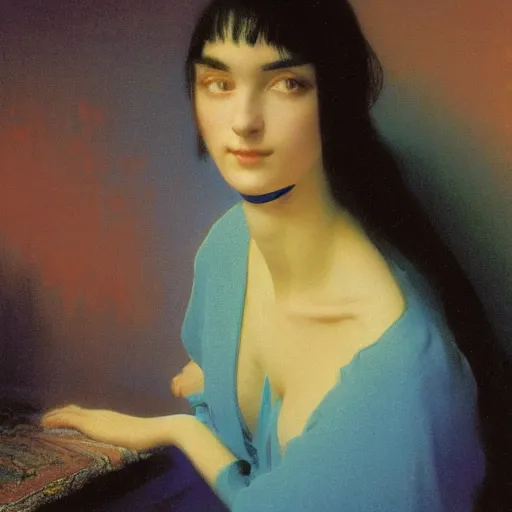 Image similar to a young woman's face, her hair is white and she wears a cobalt blue satin cloak, by ivan aivazovsky and syd mead and moebius and gaston bussiere and roger dean and pieter claesz and paul delaroche and alma tadema and aelbert cuyp and john berkey, hyperrealistic, volumetric light, octane render