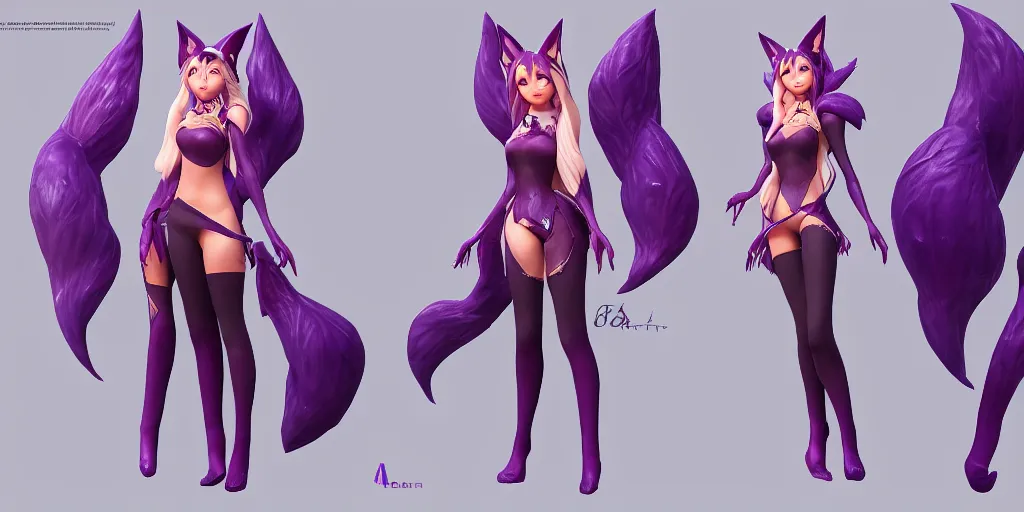 Image similar to Character sheet of bewitching ahri (League of Legends). 3d render, octane render, game art, realistic, highly detailed, trending on artstation, 4k, trending on artstation, pixar, cgsociety, unreal engine 5, redshift render, trending on artstation, blender, behance, cg