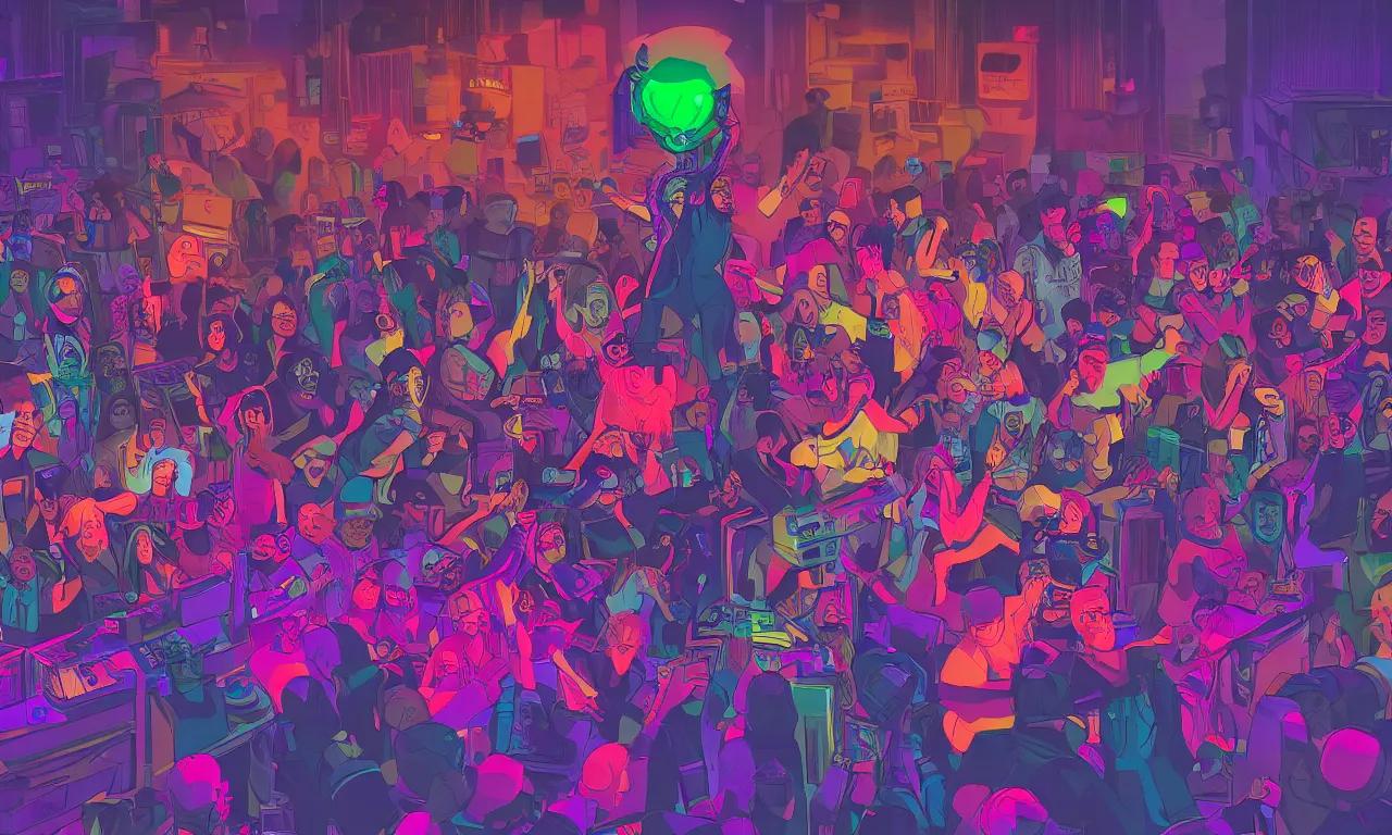 Prompt: 2 djs playing music in pov image from front of a crowd , art in the style of arcane, spiderverse, highly detailed, trending on artstationhq, cinematic, color palette: spike jonze her