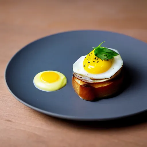 Prompt: food photography, michelin star food, best chef, sea bass, plate art of eggs benedict minimalistic side view high bokeh, cinematic studio lighting