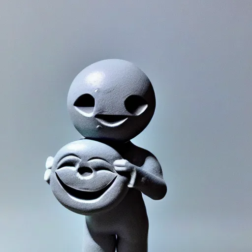 Image similar to photo of plastic painted toy figurine collectible grey moon with creepy smiling face with large craters with hands standing on legs in sneakers