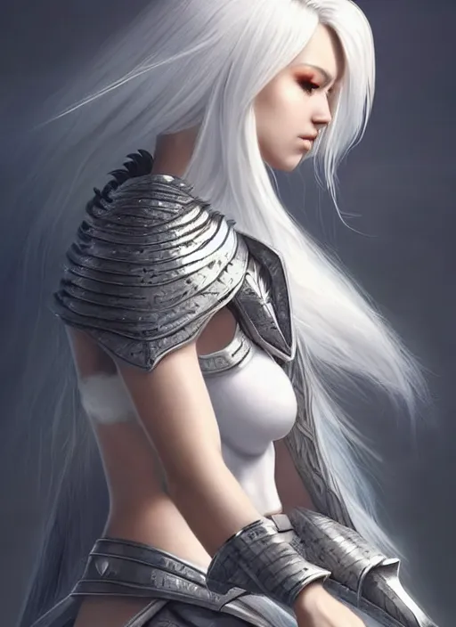 Image similar to warrior, fur leather armor!!! beautiful and elegant white hair female!! gorgeous ayes!! character concept art, sharp focus, octane render! unreal engine 5! highly rendered!! trending on artstation!! detailed linework!! illustration by artgerm, wlop, and chie yoshii