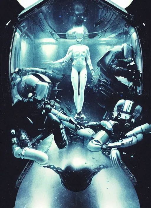 Image similar to polaroid astronauts in dark and void underwater - complex and hyperdetailed suit. reflection and dispersion materials. rays and dispersion of light. volumetric light. 5 0 mm, f / 3 2. noise film photo. flash photo. ultra realistic, poster by wayne barlowe, hajime sorayama aaron horkey, craig mullins, smooth. plastic