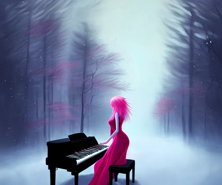 Image similar to a painting of a beautiful face gothic girl, pink hair in a stunning red dress playing a piano in the dark snowy forestby yoshitaka amano and alena aenami, cg society contest winner, retrofuturism, matte painting