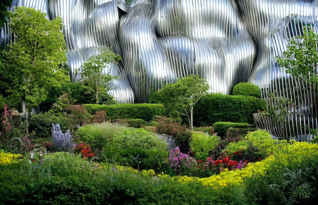 Image similar to garden idyll macabre wonderland rhythmic flow of tones building by frank gehry building by frank gehry