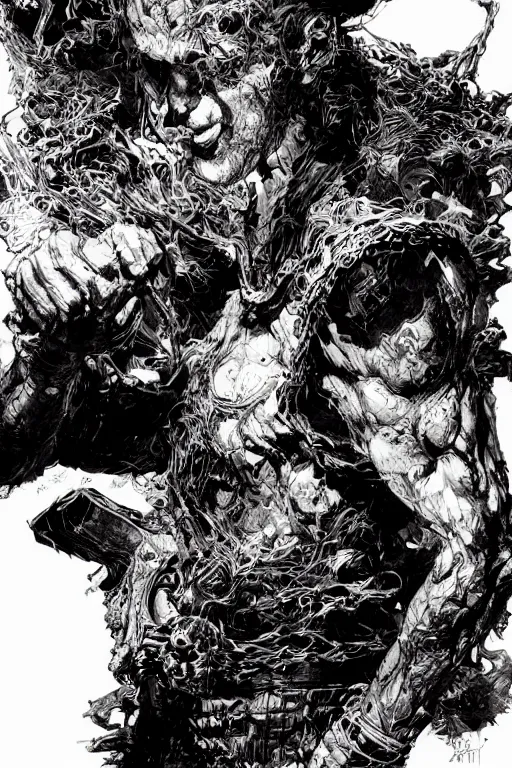 Image similar to portrait of chainsaw devil from chainsawman, pen and ink, intricate line drawings, by craig mullins, ruan jia, kentaro miura, greg rutkowski