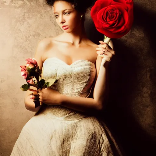 Image similar to a beautiful woman in a dress holding a rose against the backdrop of a dark night. she looks like a queen from ancient times.