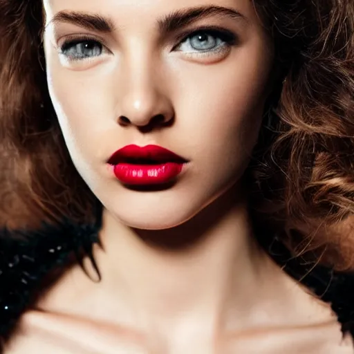 Prompt: close up of face of a fashion model in luxury black dress, black background, official valentino editorial, highly detailed