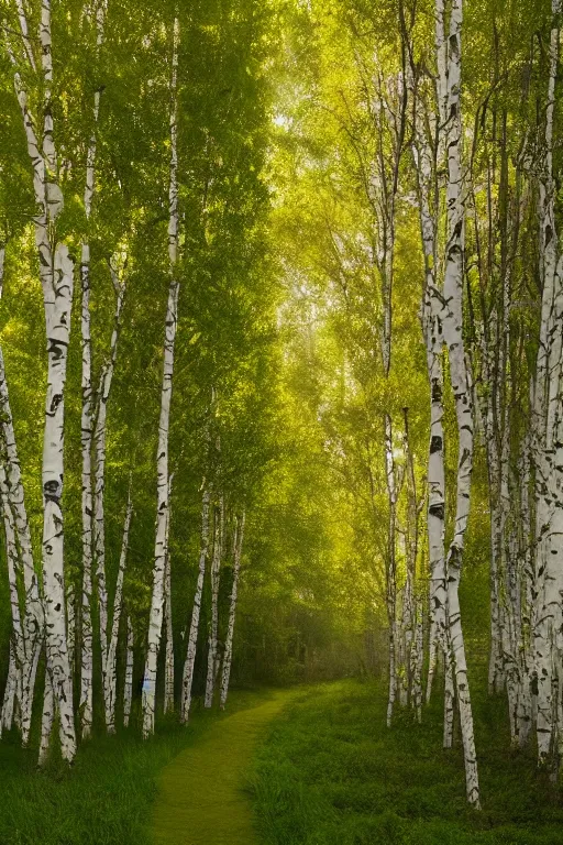 Prompt: a hq beautiful digital matte painting detailed forest light grassy path with stunning white birch trees in the summer sunny day, james gurney, constrast 8 k resolution trending on artstation