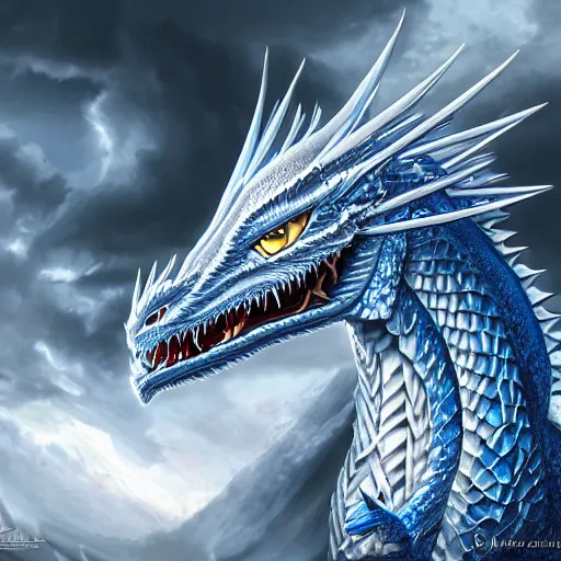 Prompt: a Blue eyed white dragon, epic background by Keith Thompson and Christopher Bretz, highly detailed, digital painting, HDRI, vivid colors, high contrast, 8k resolution, intricate, photorealistic, smooth