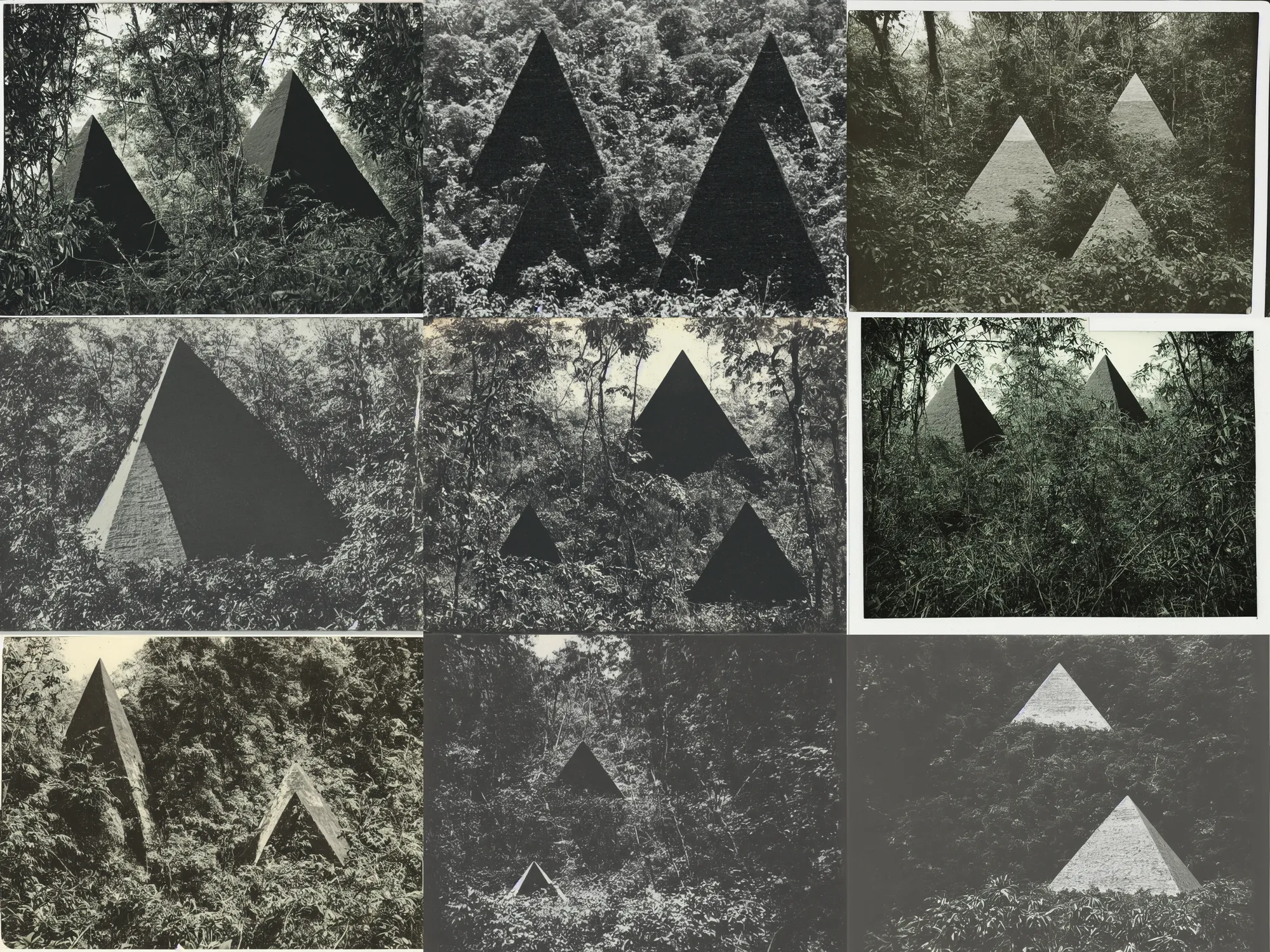 Prompt: old polaroid photo of black pyramidal pyramid in a jungle with a pyramid