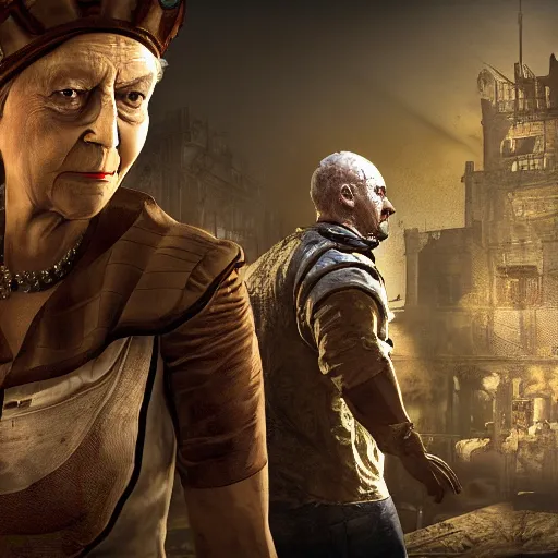 Image similar to Queen Elizabeth as an NPC in Dying Light, gameplay screenshot, insanely detailed face