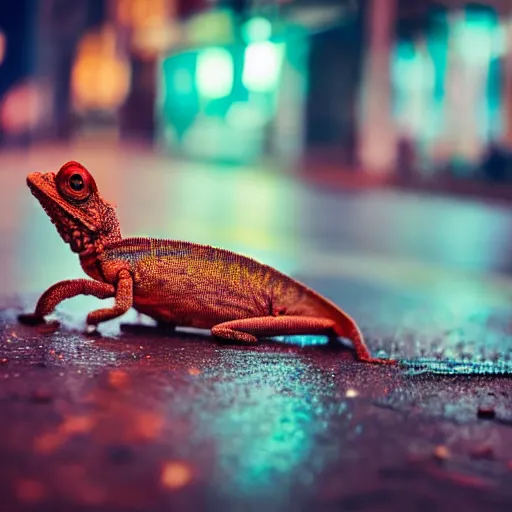 Image similar to a high quality low wide angle photo of a chameleon on the streets of a cyberpunk city, rainy, reflective ground, neon lights, realism, 8k