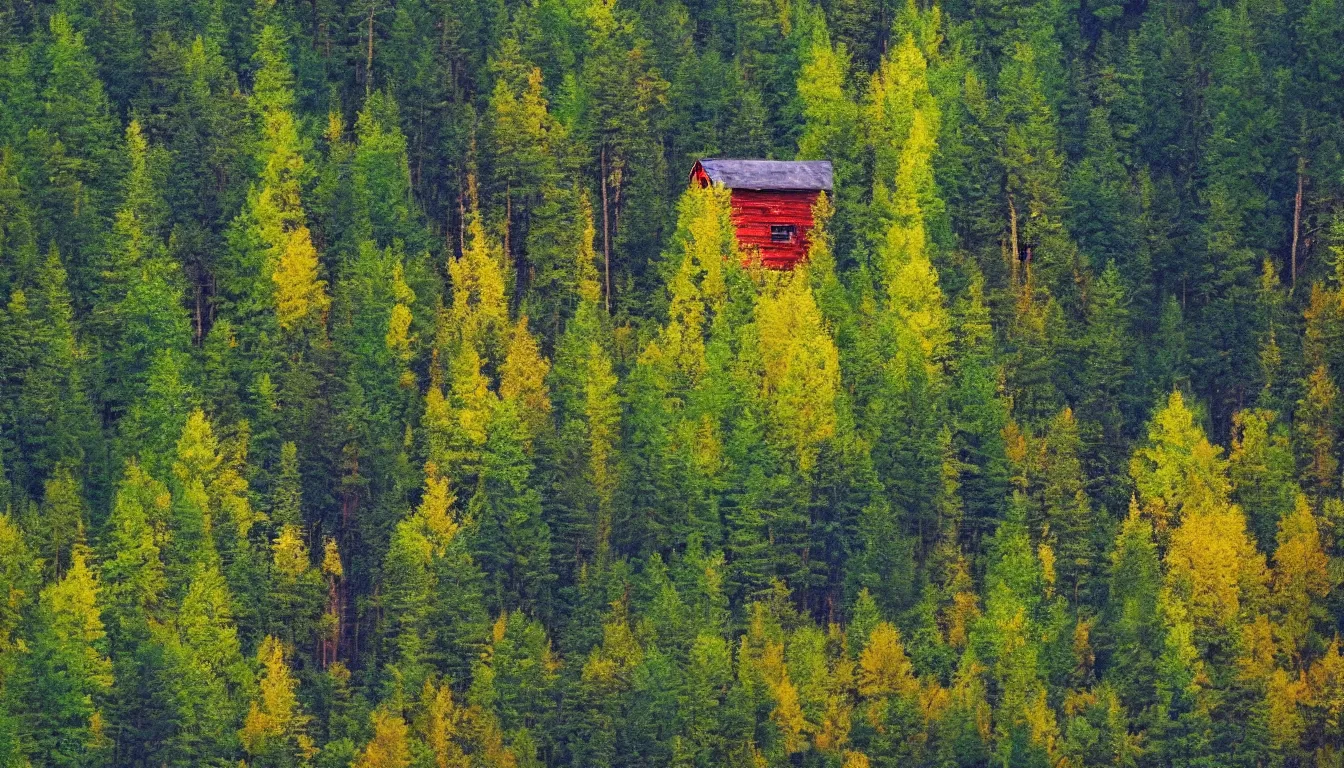 Image similar to a clearing in a forest with a cabin painted by Bob Ross