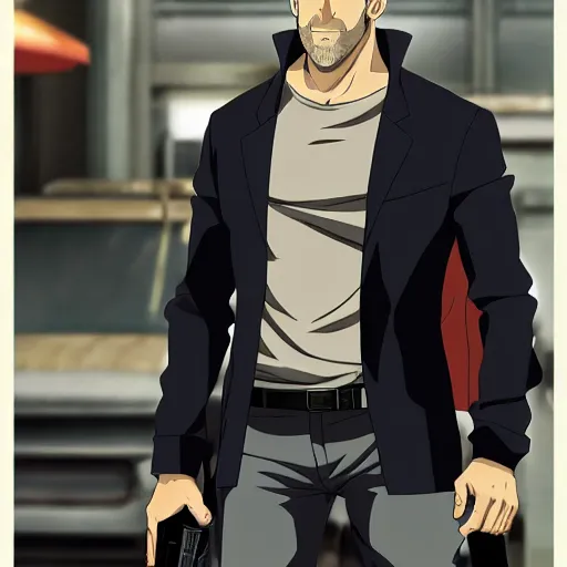 Prompt: jason statham as anime character, kyoto animation, magical