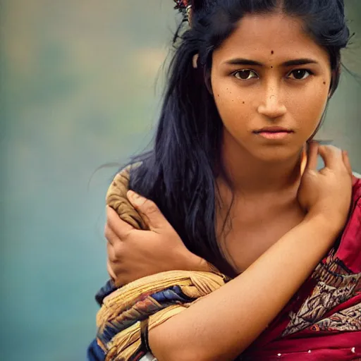 Image similar to vintage portrait of a stunningly beautiful nepali female, dark eyes, dark hair, olive skin, depth of field, zeiss lens, detailed, symmetrical, centered, fashion photoshoot, by edward s curtis, Annie Leibovitz and Steve McCurry, David Lazar, Jimmy Nelsson, Breathtaking, 8k resolution, extremely detailed, beautiful, establishing shot, artistic, hyperrealistic, beautiful face, octane render