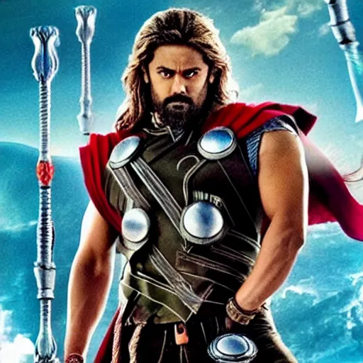 Image similar to film still of rocking star yash as thor in thor ragnarok