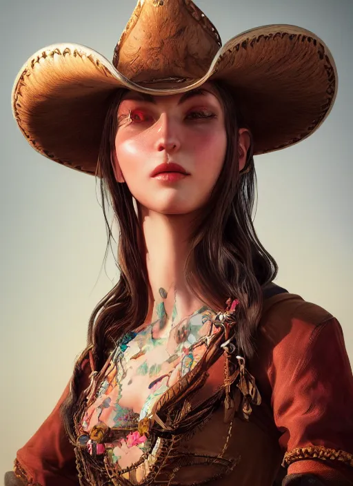 Image similar to detailed full body concept oil painting of a cowgirl, beautiful face, elegant pose, fantasy, illustration, insanely detailed and intricate clothing, octane render, 4k